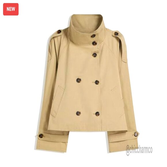Cropped Trench Coat Double Breasted Belted Jacket Fall Winter Outerwear - Picture 5 of 6
